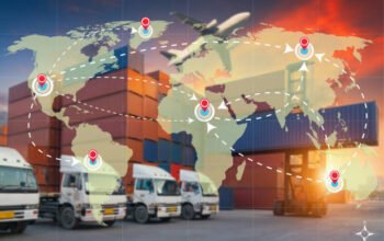 World international map connection connect network with blurred distribution logistic cargo warehouse background